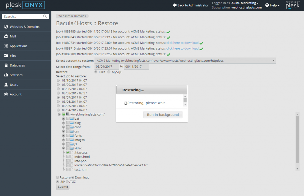 Bacula Restore In Progress