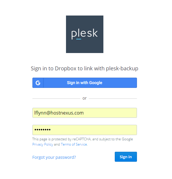 DropBox Login via Plesk