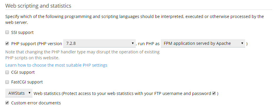 Hosting Settings - Web Scripting and Statistics