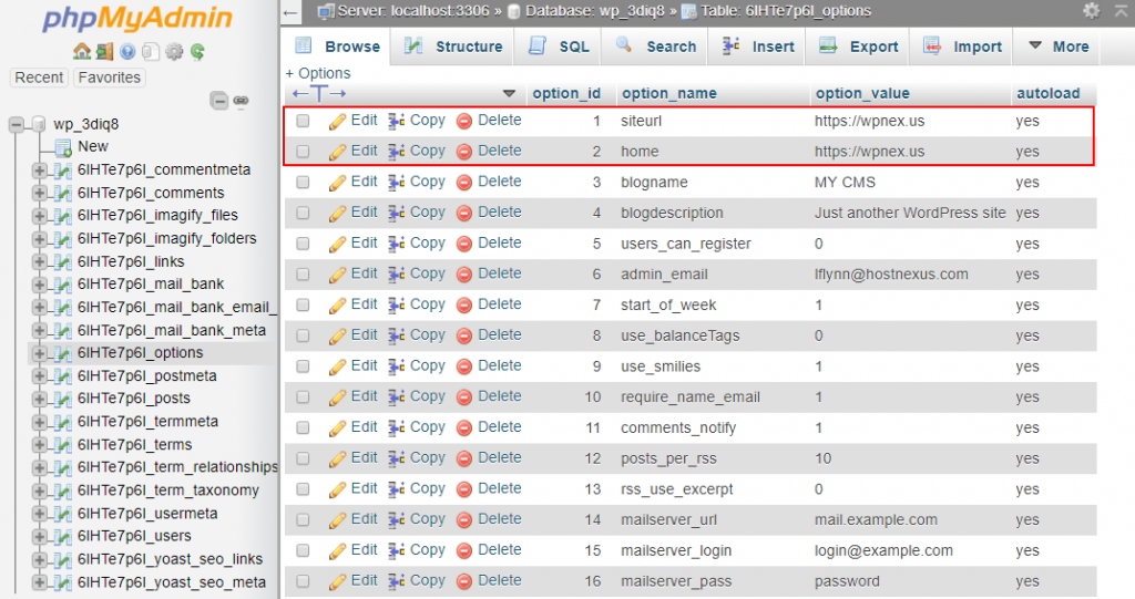 phpMyAdmin - wp_options table