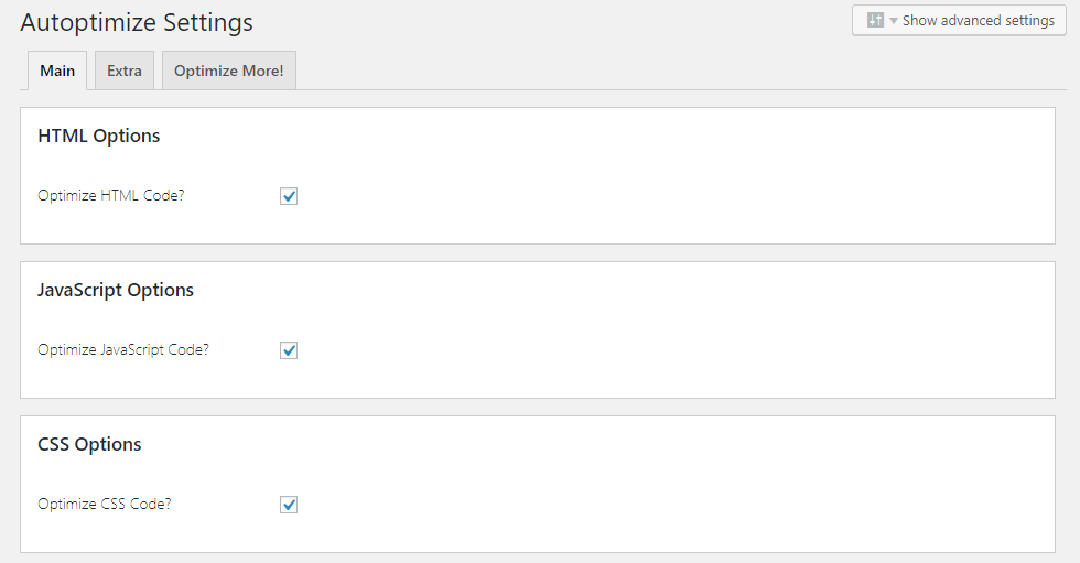 Autoptimize Main Settings